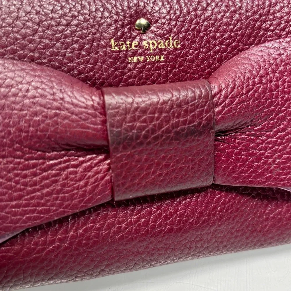 Kate Spade Eden Lane Lacey Zip Around Wallet Merlot Pebbled Leather Bow Accent